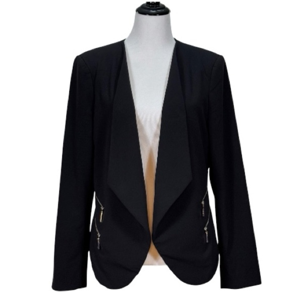 Vince Camuto Black Open Front Blazer Jacket Zip Pocket Career Work Office Womens - Picture 13 of 13